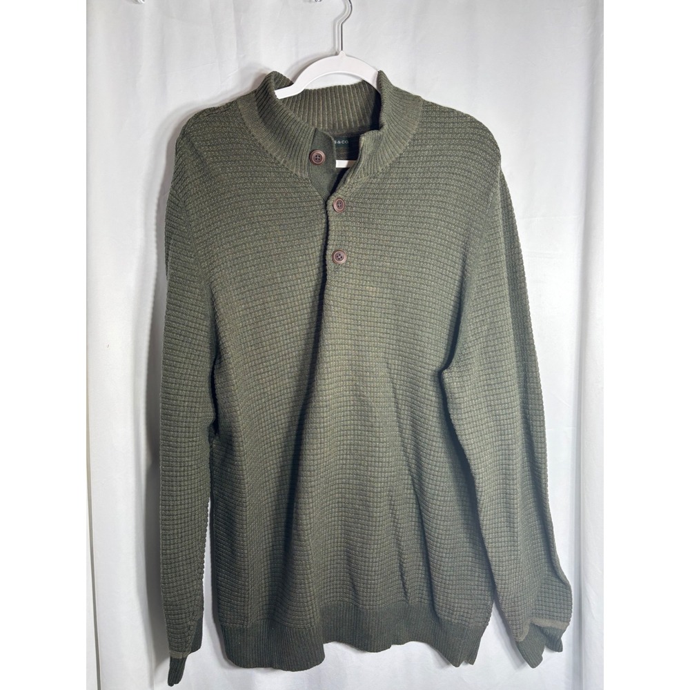 GH Bass & Co Mens Sweater Olive Green‎ Waffle Knit Mock Neck Button Pullover XL